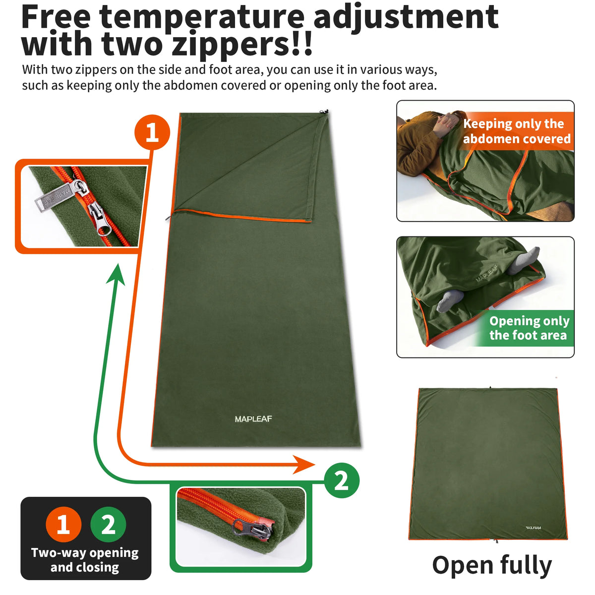 MAPLEAF Lightweight Sleeping Bag 3 in 1 Fleece Liner Blanket Warm Winter Skin-Friendly Anti-Pilling Double-Sided Washable Camp
