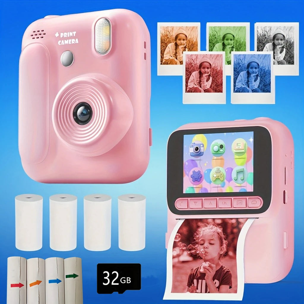Color Printing Camera  Kids Instant Camera 32GB 1080P Thermal Print Digital Camera Print Photo Video Games Music Children Gift