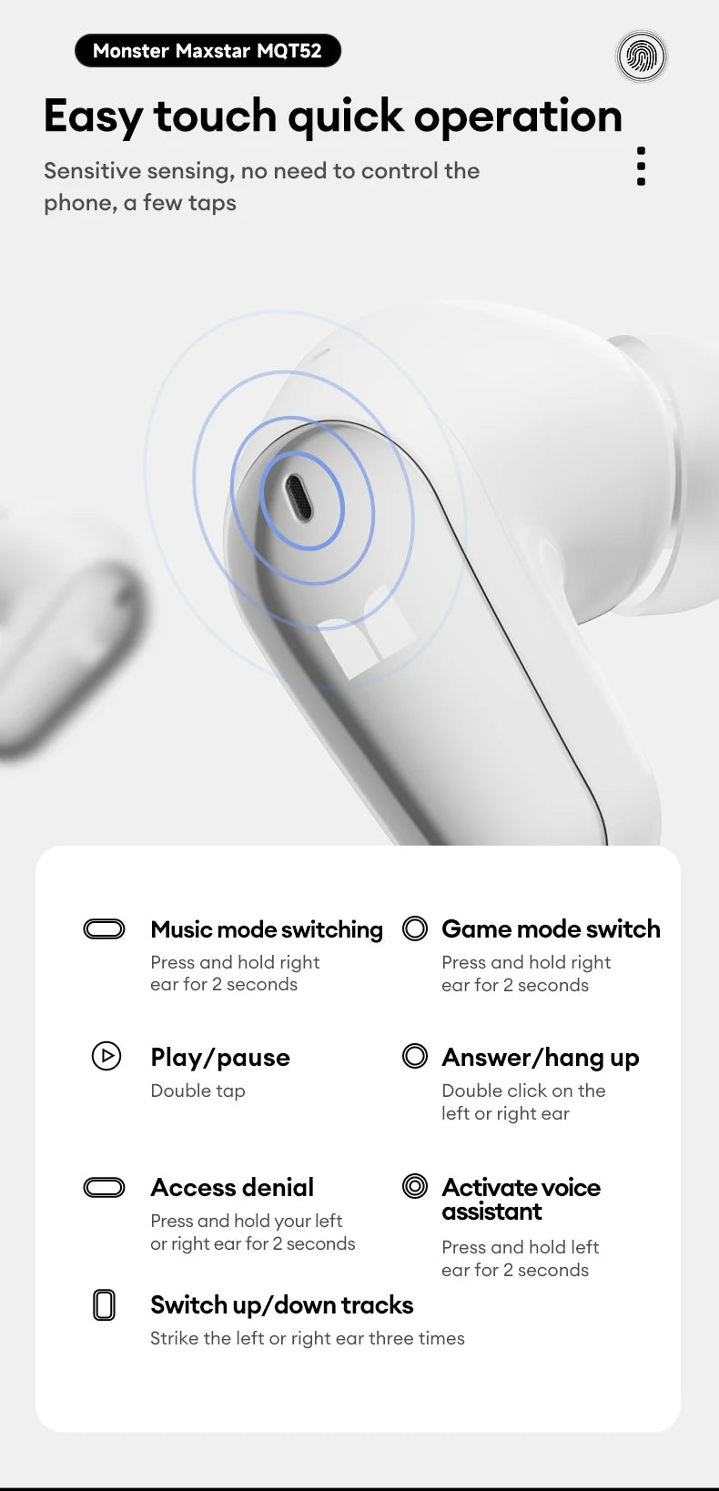 Monster MQT52 TWS-Ohrhörer – Bluetooth 5.4 & Gaming-Modus