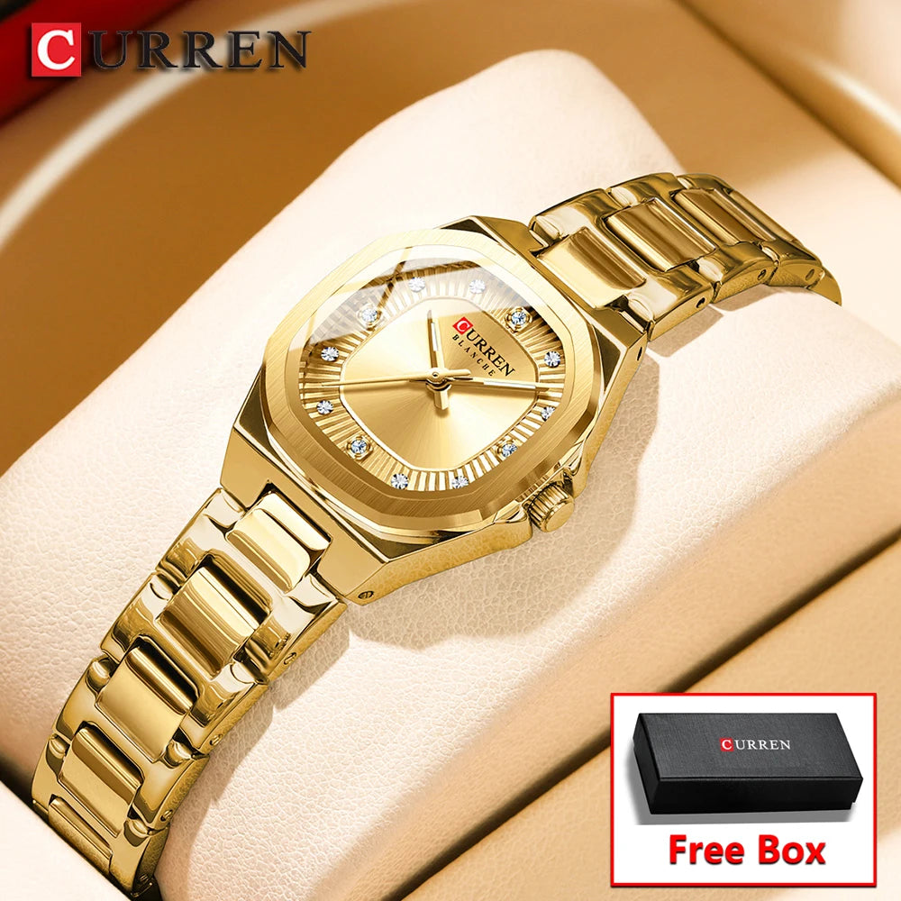 CURREN Gold Women's Watch Diamond Accents Stylish Stainless Steel Band, Elegant Design Comes with Free Box