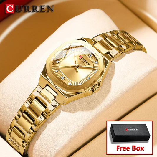 CURREN Gold Women's Watch Diamond Accents Stylish Stainless Steel Band, Elegant Design Comes with Free Box