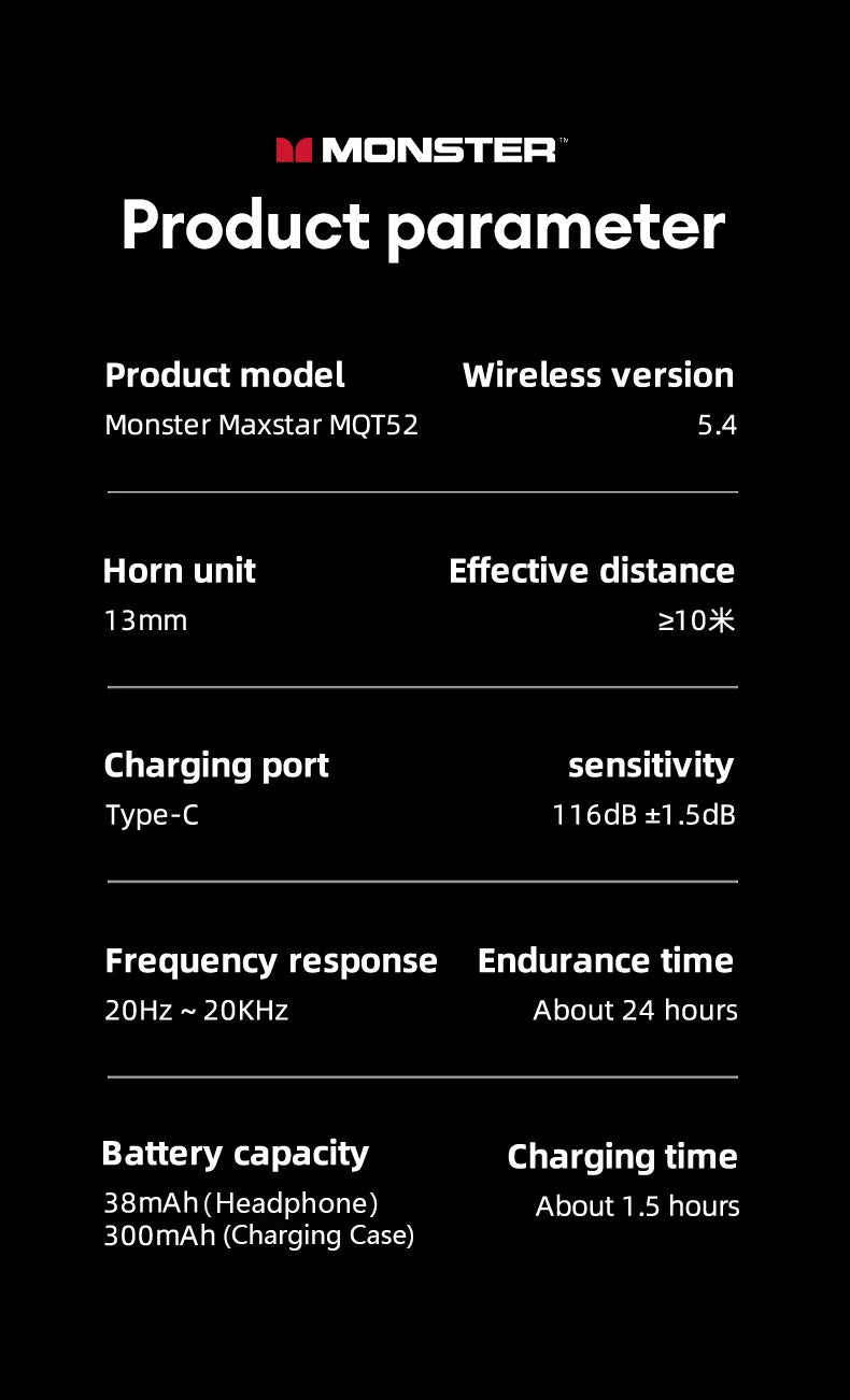 Monster MQT52 TWS-Ohrhörer – Bluetooth 5.4 & Gaming-Modus