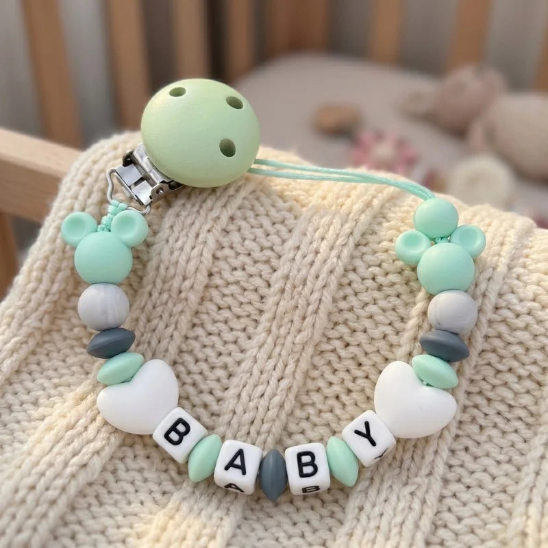 Custom Baby Name Pacifier Holder Blue Heart Silicone Beads Handmade Dummy Clip for Boys Shower Gift Nipple Strap Teething Chain