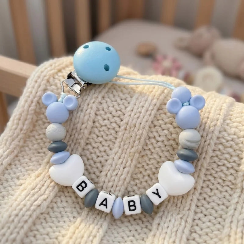 Custom Baby Name Pacifier Holder Blue Heart Silicone Beads Handmade Dummy Clip for Boys Shower Gift Nipple Strap Teething Chain