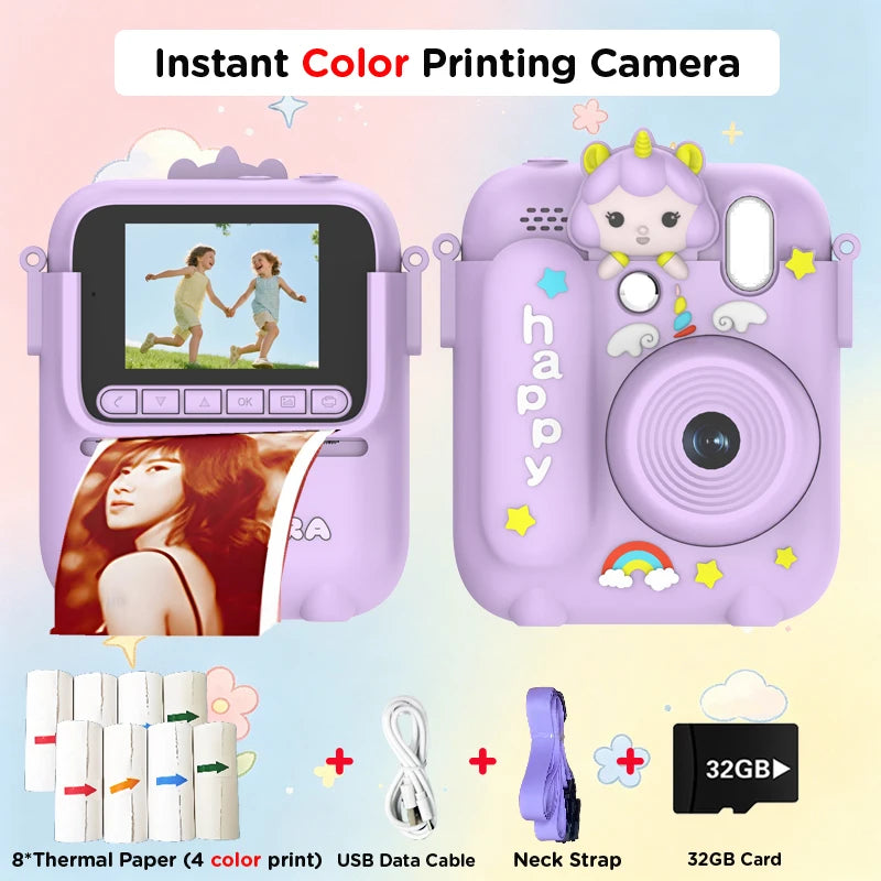 Color Printing Camera  Kids Instant Camera 32GB 1080P Thermal Print Digital Camera Print Photo Video Games Music Children Gift