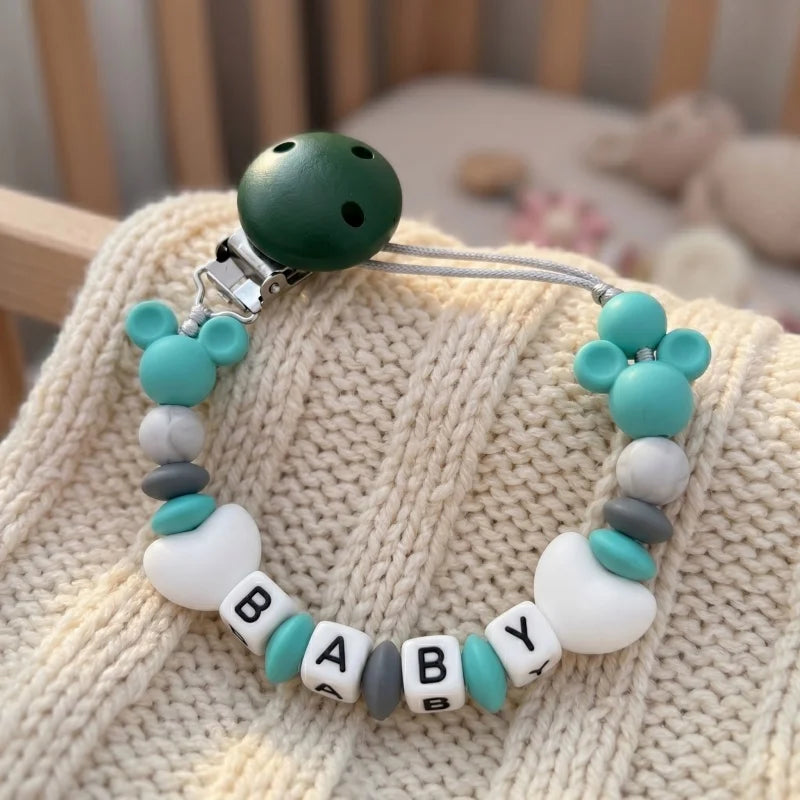 Custom Baby Name Pacifier Holder Blue Heart Silicone Beads Handmade Dummy Clip for Boys Shower Gift Nipple Strap Teething Chain