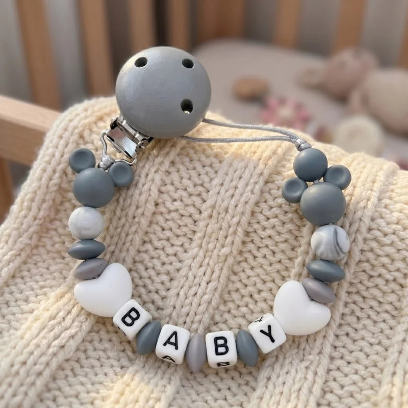 Custom Baby Name Pacifier Holder Blue Heart Silicone Beads Handmade Dummy Clip for Boys Shower Gift Nipple Strap Teething Chain