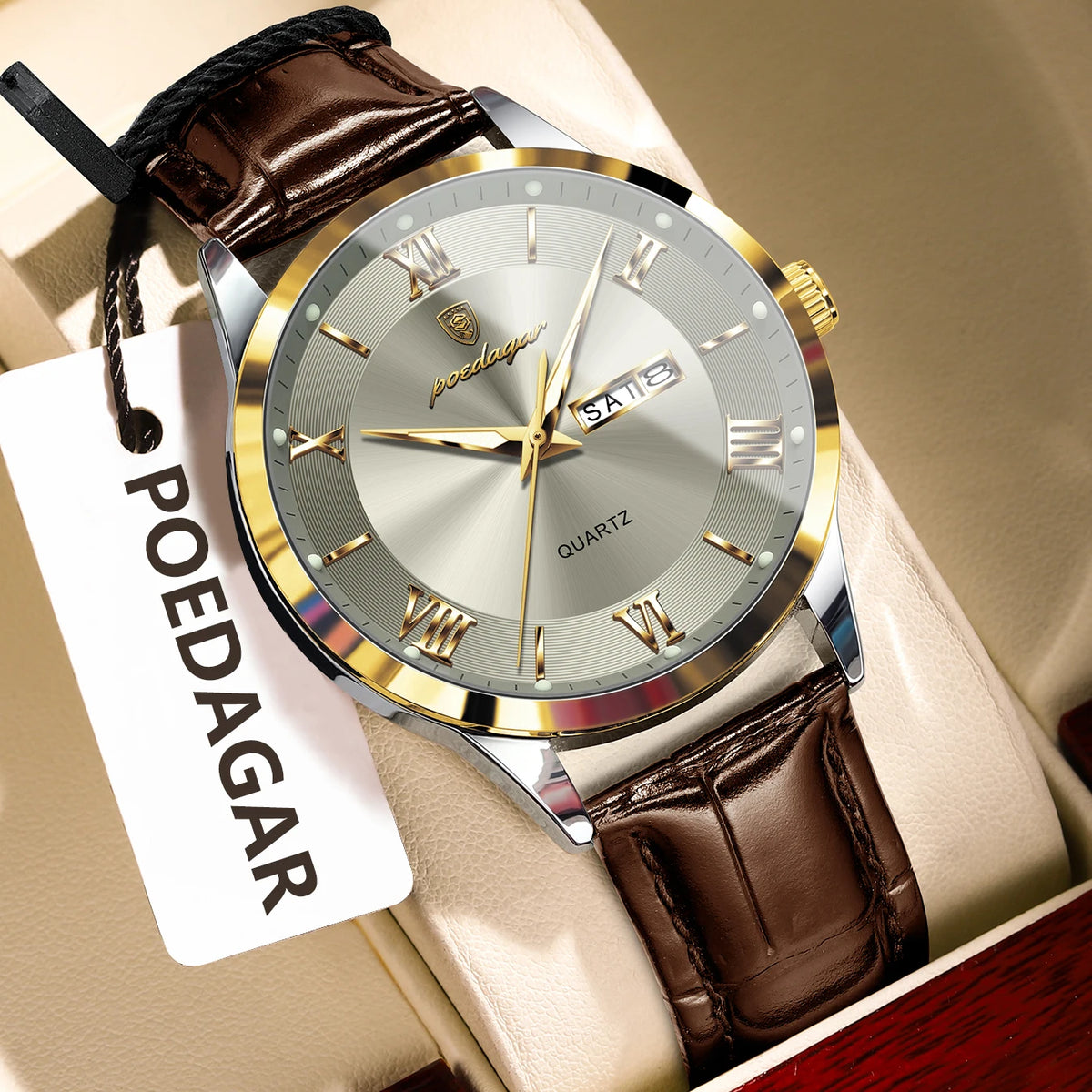 POEDAGAR Original Fashion Watch For Man Leather Date Week Quartz Men Watch Waterproof Luminous Business Men's Watches Male Reloj