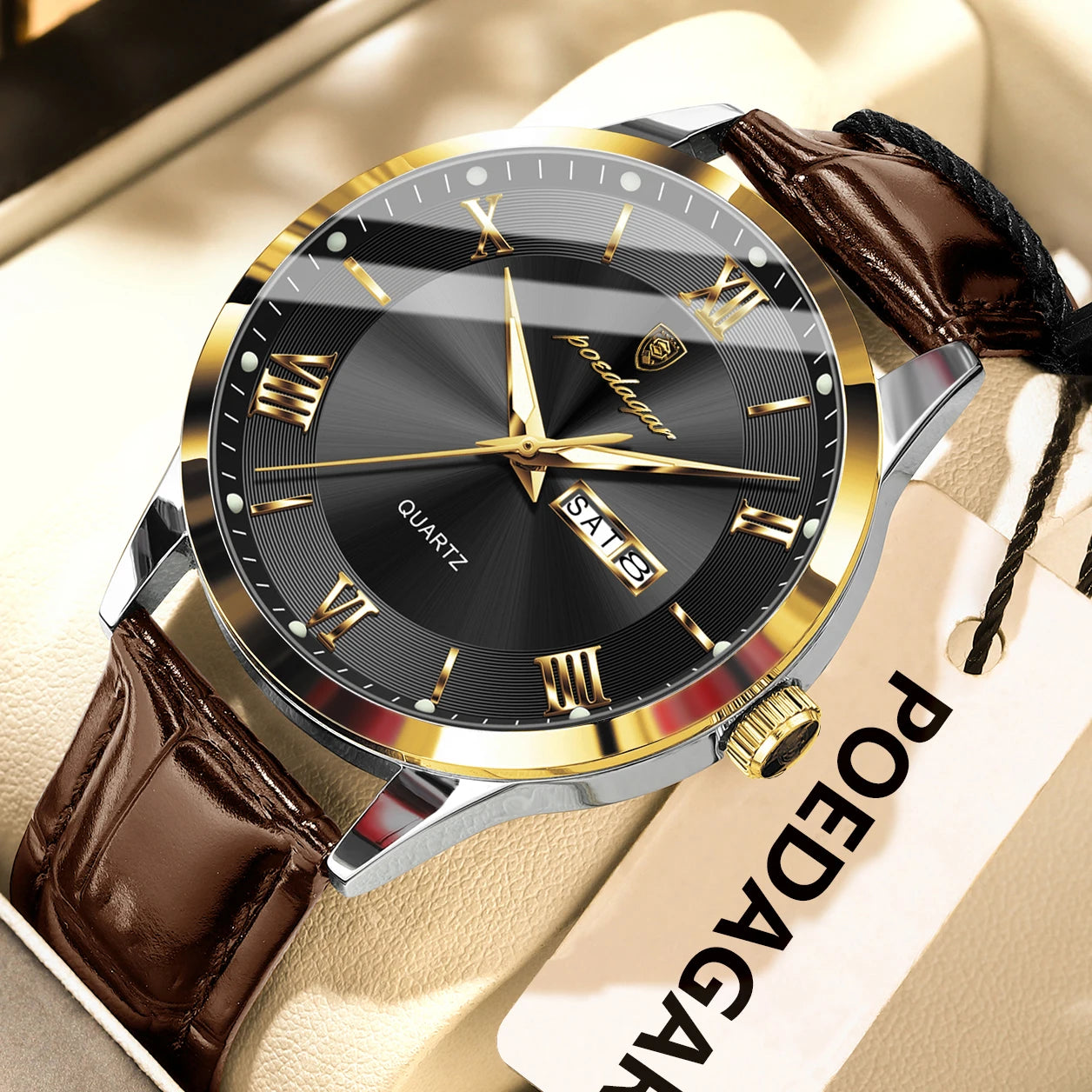 POEDAGAR Original Fashion Watch For Man Leather Date Week Quartz Men Watch Waterproof Luminous Business Men's Watches Male Reloj