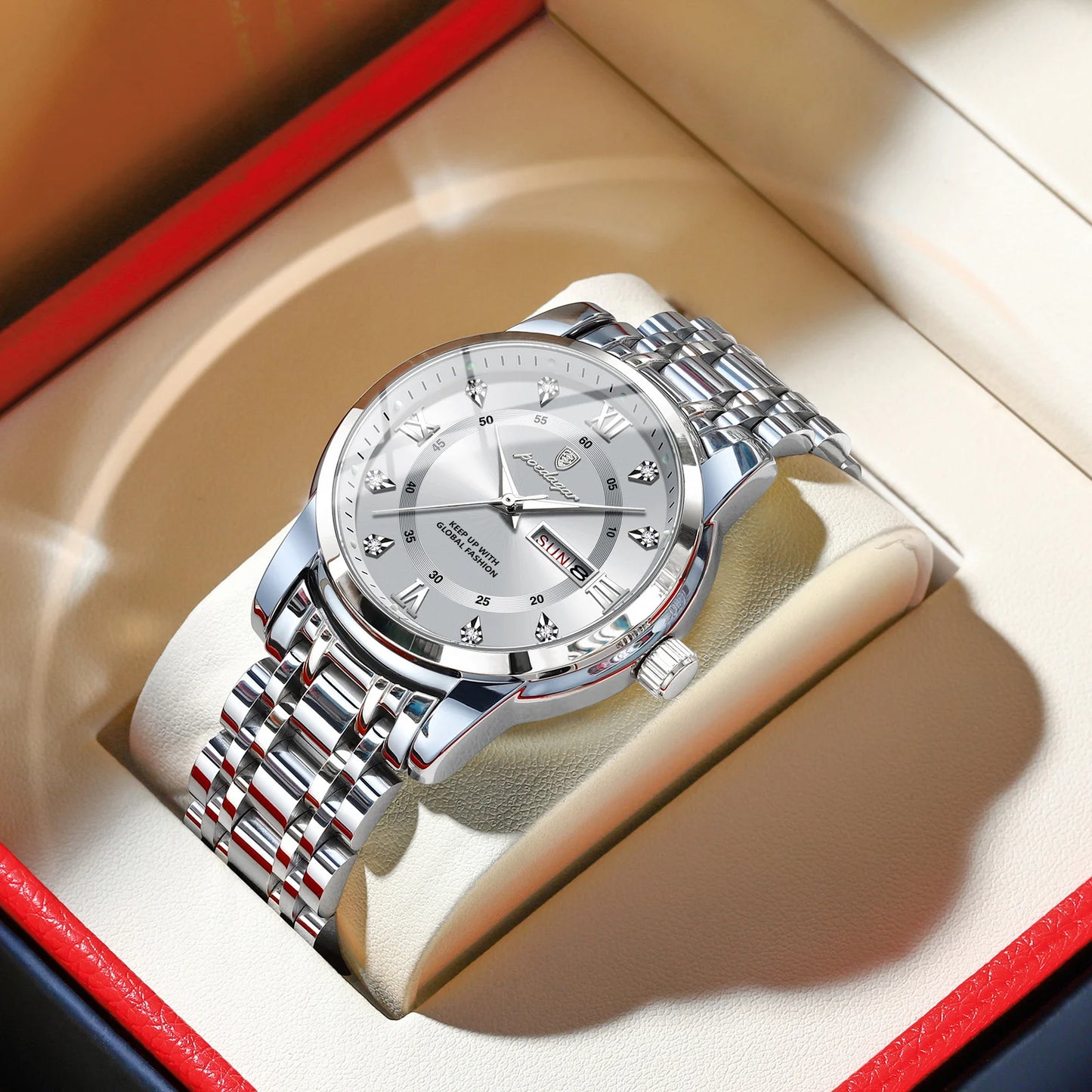 POEDAGAR Luxury Trendy Man Wristwatch Waterproof Stainless Steel Luminous Men Watch Date Week Fashion Quartz Men's Watches Reloj