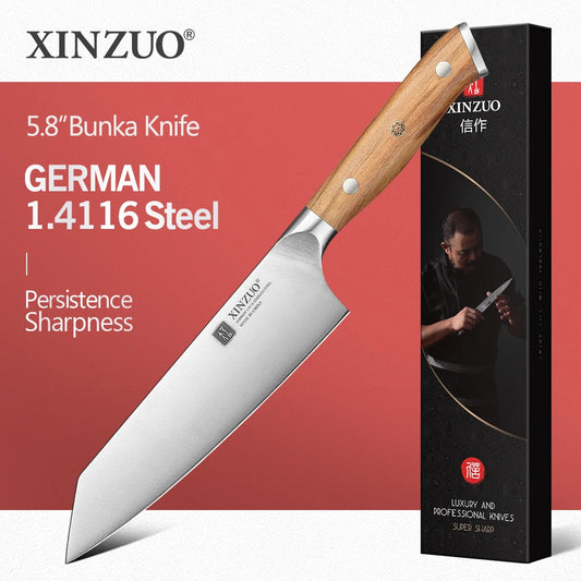 XINZUO 5.83 Inch Choice Bunka Chef Knife German Steel Olive Wood Handle Copper Rivets 56±2 HRC Anti Rust Exquisite Packaging