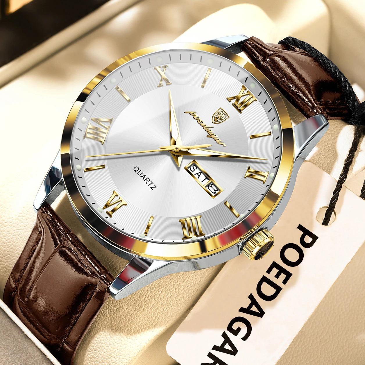 POEDAGAR Original Fashion Watch For Man Leather Date Week Quartz Men Watch Waterproof Luminous Business Men's Watches Male Reloj