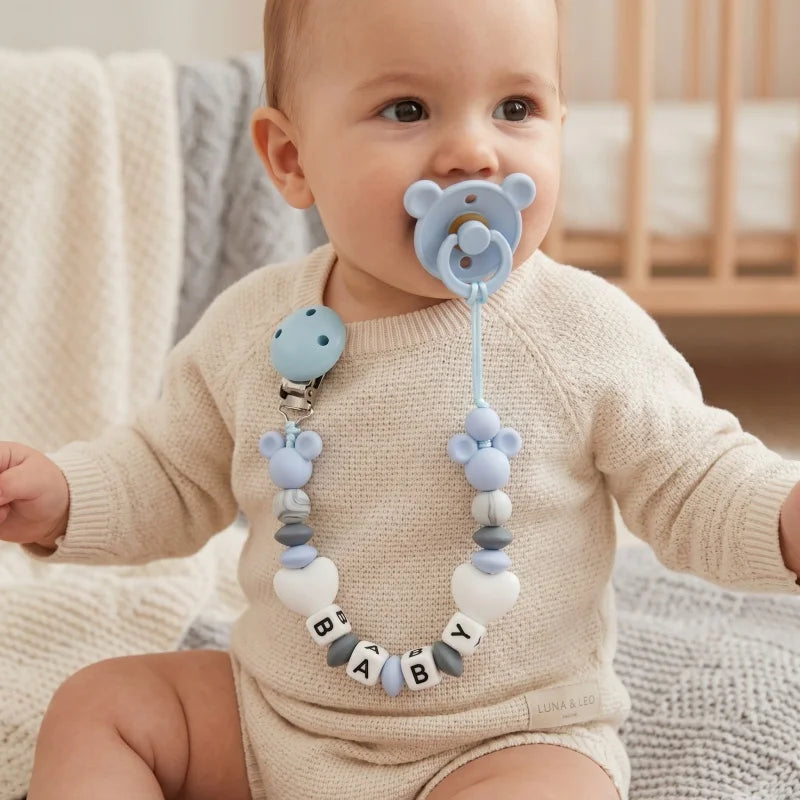 Custom Baby Name Pacifier Holder Blue Heart Silicone Beads Handmade Dummy Clip for Boys Shower Gift Nipple Strap Teething Chain