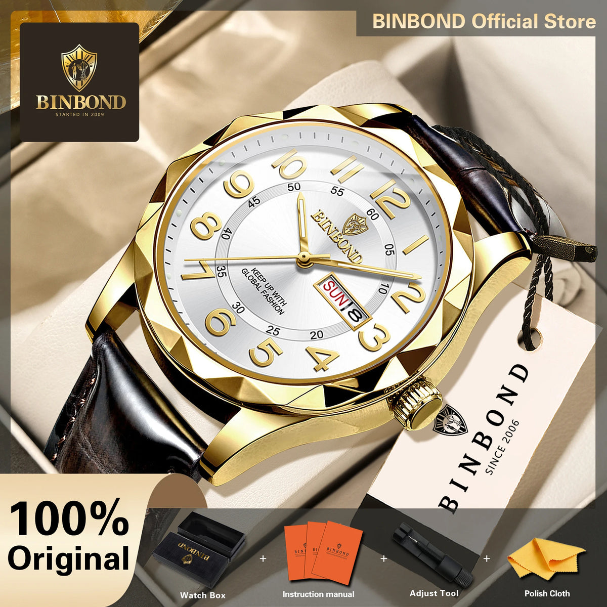 BINBOND Original Luxury Quartz Wristwatches For Men Luminous Waterproof Auto Date Week Display Men's Watch Reloj Hommes +Box