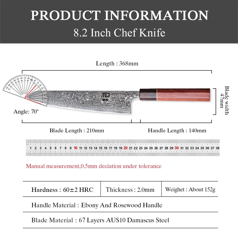 MOSTODOZO 8.2-inch Chef Knife Damascus Steel Professional Kitchen Knives Meat Slicing Cleaver Japanese Handmade Cooking Tools