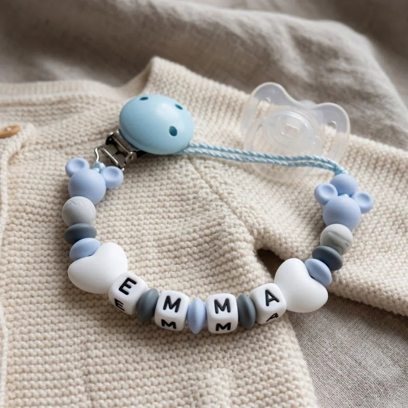 Custom Baby Name Pacifier Holder Blue Heart Silicone Beads Handmade Dummy Clip for Boys Shower Gift Nipple Strap Teething Chain