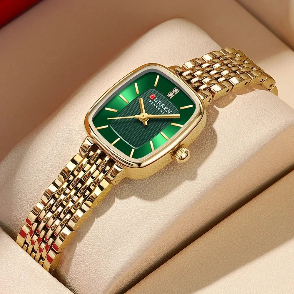 CURRN 9093 Women's Quartz Watch Fashion Leisure Diamond Simple Gold Silvery Steel Strip Wristwatch for Ladies Gift Clock
