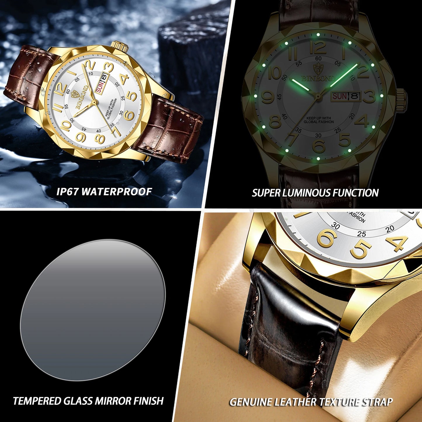 BINBOND Original Luxury Quartz Wristwatches For Men Luminous Waterproof Auto Date Week Display Men's Watch Reloj Hommes +Box