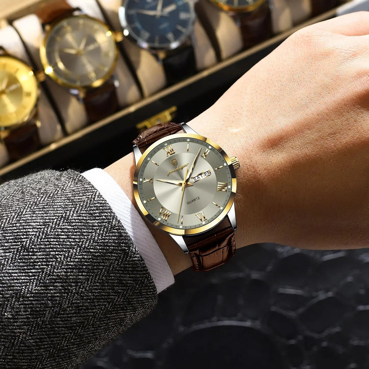 POEDAGAR Original Fashion Watch For Man Leather Date Week Quartz Men Watch Waterproof Luminous Business Men's Watches Male Reloj