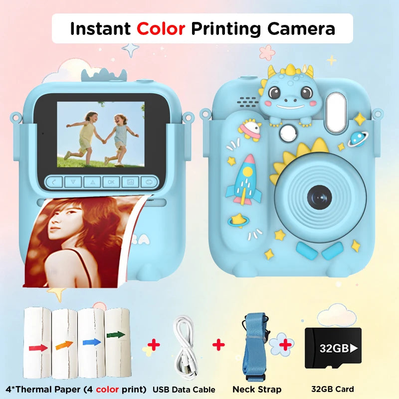 Color Printing Camera  Kids Instant Camera 32GB 1080P Thermal Print Digital Camera Print Photo Video Games Music Children Gift