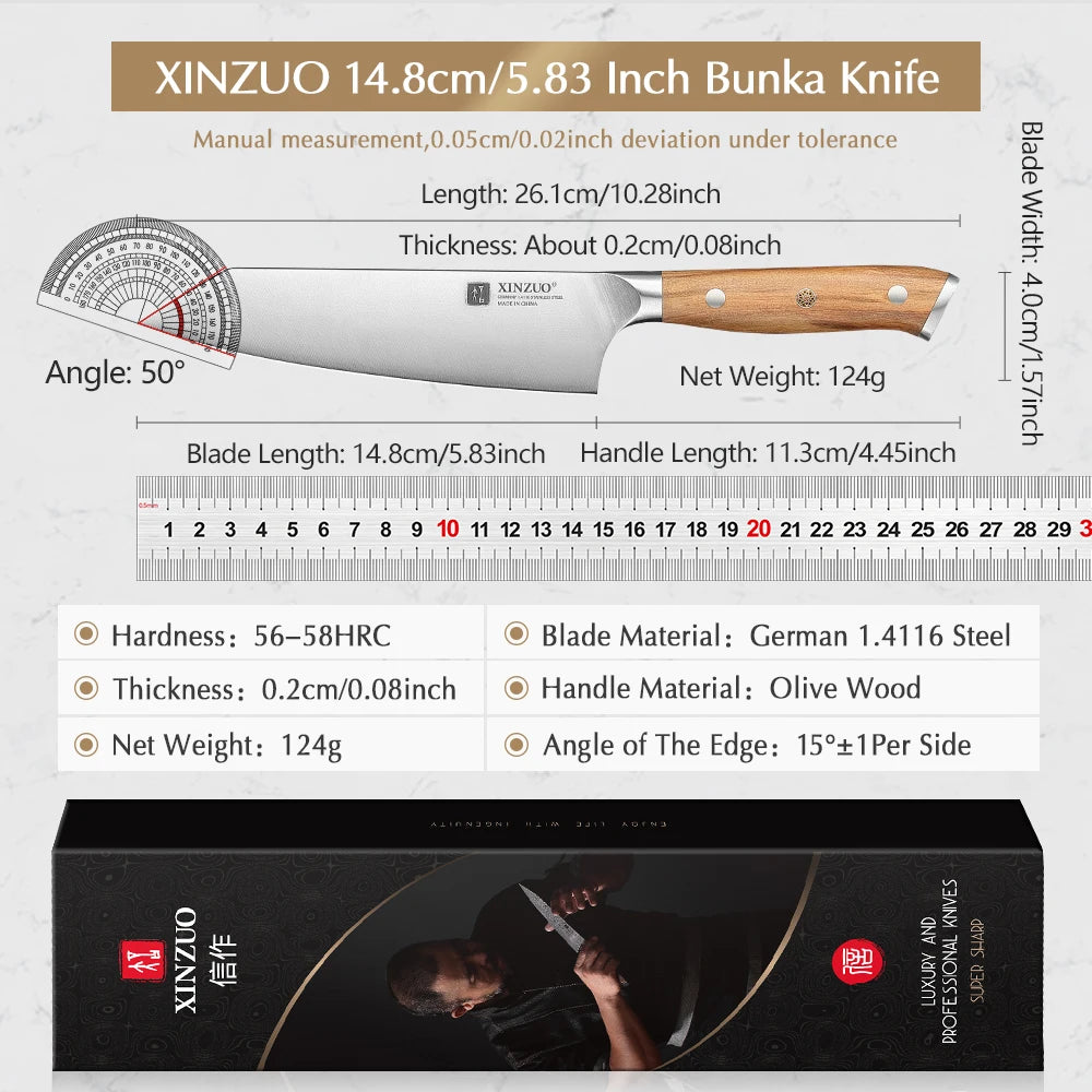 XINZUO 5.83 Inch Choice Bunka Chef Knife German Steel Olive Wood Handle Copper Rivets 56±2 HRC Anti Rust Exquisite Packaging