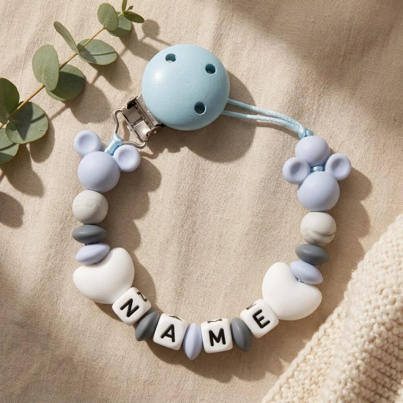 Custom Baby Name Pacifier Holder Blue Heart Silicone Beads Handmade Dummy Clip for Boys Shower Gift Nipple Strap Teething Chain