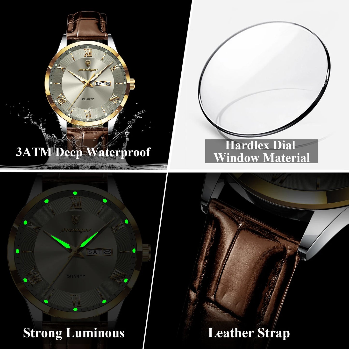POEDAGAR Original Fashion Watch For Man Leather Date Week Quartz Men Watch Waterproof Luminous Business Men's Watches Male Reloj