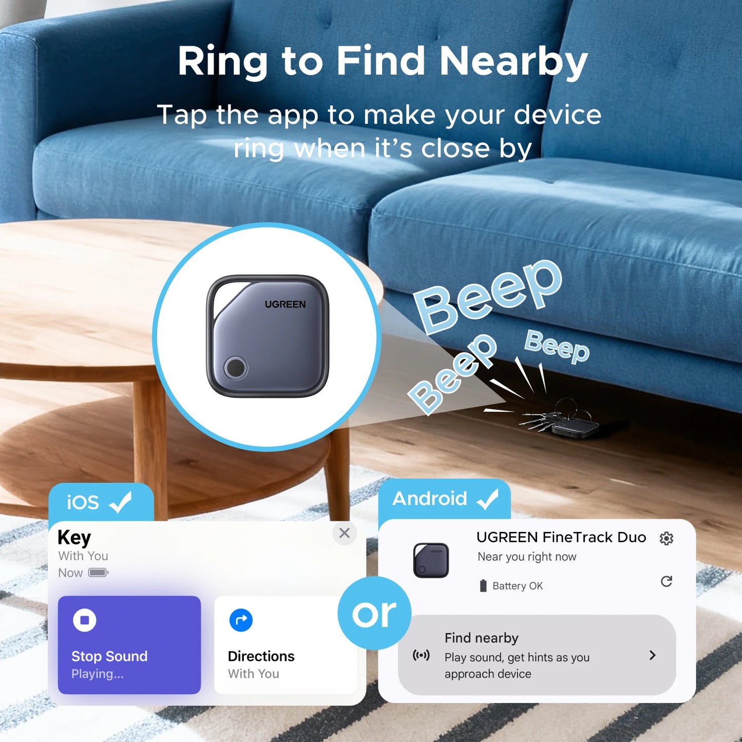 UGREEN【Dual System Compatibility】Smart Finder For Apple Find My (iOS) & Find Hub App (Android) Bluetooth Tracker Card