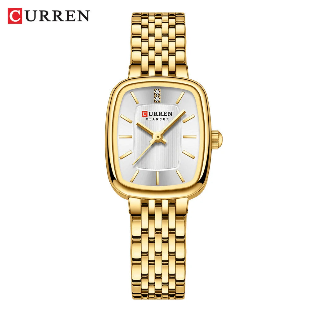 CURRN 9093 Women's Quartz Watch Fashion Leisure Diamond Simple Gold Silvery Steel Strip Wristwatch for Ladies Gift Clock