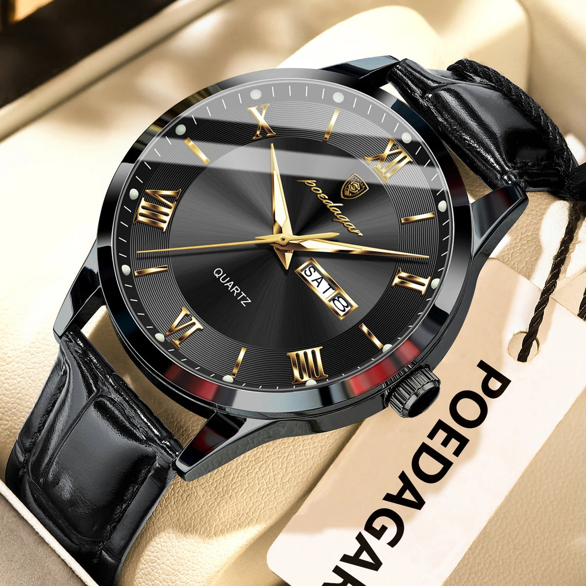 POEDAGAR Original Fashion Watch For Man Leather Date Week Quartz Men Watch Waterproof Luminous Business Men's Watches Male Reloj