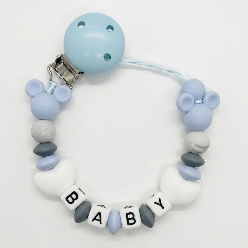 Custom Baby Name Pacifier Holder Blue Heart Silicone Beads Handmade Dummy Clip for Boys Shower Gift Nipple Strap Teething Chain