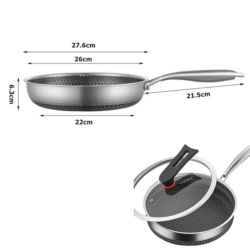 LMETJMA Stainless Steel Frying Pan Nonstick Honeycomb Fry Pan With Lid Induction Ceramic Electric Gas Cooktops Compatible KC0480