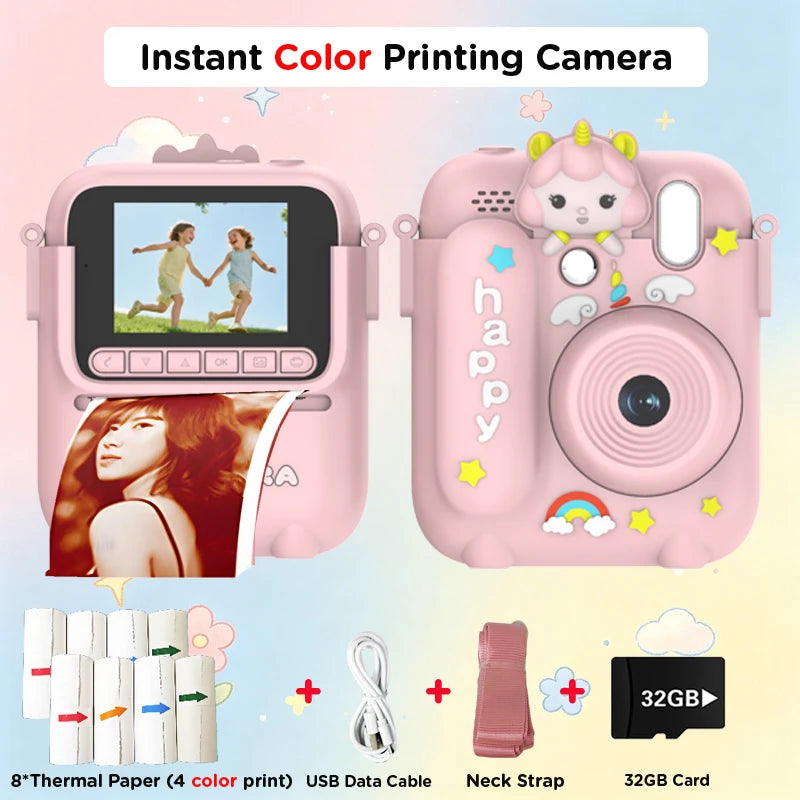 Color Printing Camera  Kids Instant Camera 32GB 1080P Thermal Print Digital Camera Print Photo Video Games Music Children Gift