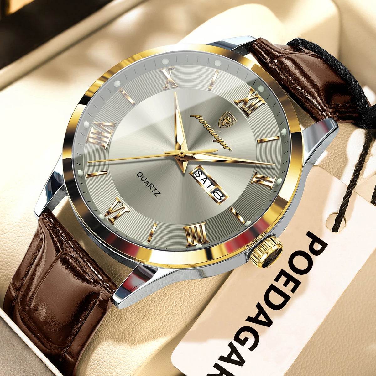POEDAGAR Original Fashion Watch For Man Leather Date Week Quartz Men Watch Waterproof Luminous Business Men's Watches Male Reloj