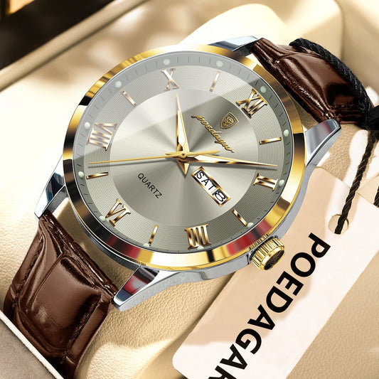 POEDAGAR Original Fashion Watch For Man Leather Date Week Quartz Men Watch Waterproof Luminous Business Men's Watches Male Reloj