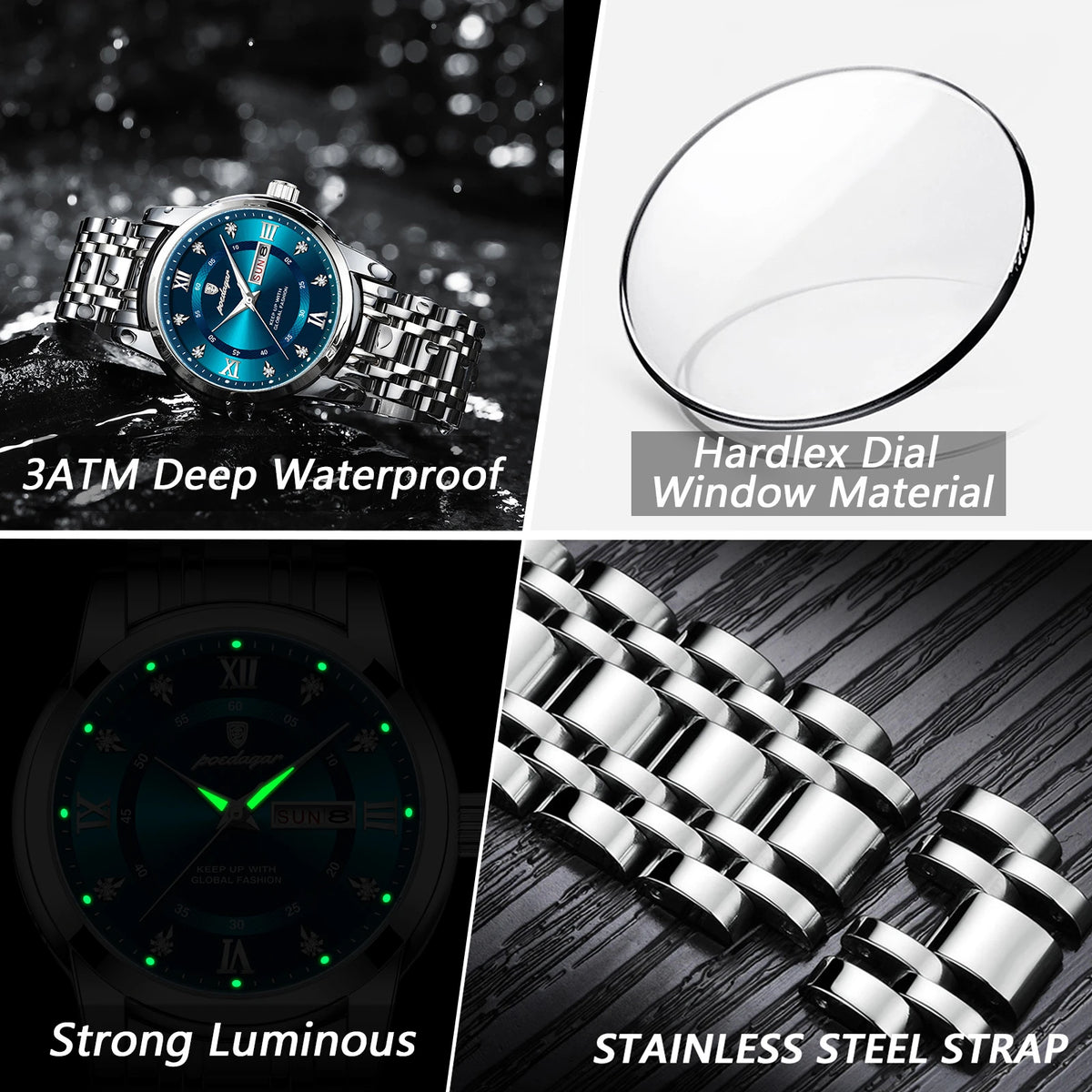 POEDAGAR Luxury Trendy Man Wristwatch Waterproof Stainless Steel Luminous Men Watch Date Week Fashion Quartz Men's Watches Reloj