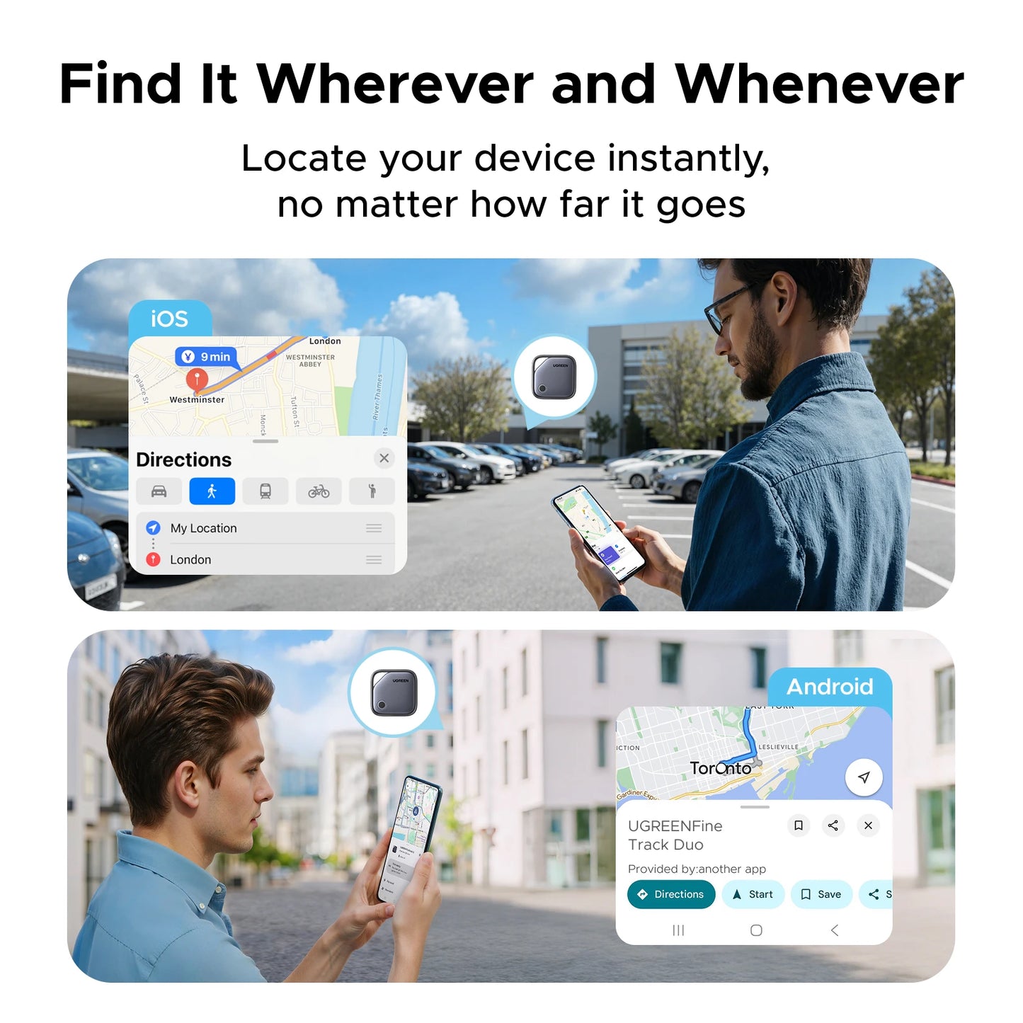 UGREEN【Dual System Compatibility】Smart Finder For Apple Find My (iOS) & Find Hub App (Android) Bluetooth Tracker Card